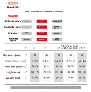 Detailed size chart for men's swimming trunks with fabric info and measurements