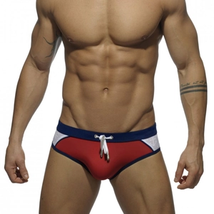 Men's sexy slim fit swim briefs in red and navy nautical style with drawstring waist