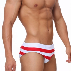 Vue latérale du maillot de bain rayé pour hommes avec taille élastique et petite poche