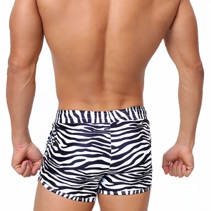 Men's zebra print swim trunks with dual pockets and quick-dry stretch fabric back view