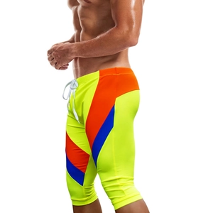 Men's professional quick-dry swim trunks with color-block splice and waist drawstring