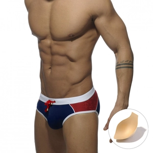 Men's low waist color block swim briefs in red white and blue with removable padding