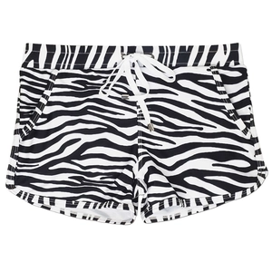 Detail of zebra stripe swim trunks showing elastic waist, drawstring, and side pockets