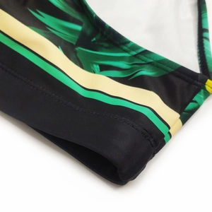 Detail of tropical green leaf print and striped elastic fabric on men's swim briefs