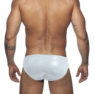 Rear view of men's white faux leather briefs showing metallic coating and slim fit design