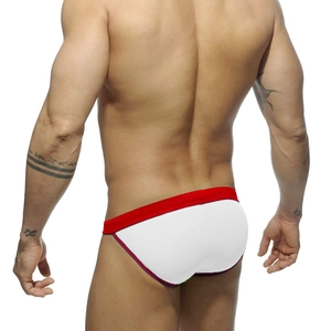 Rear view of white athletic briefs with red elastic waistband and contrast trim