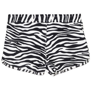 Detail of men's zebra stripe swimming trunks with elastic waistband and high-quality stitching
