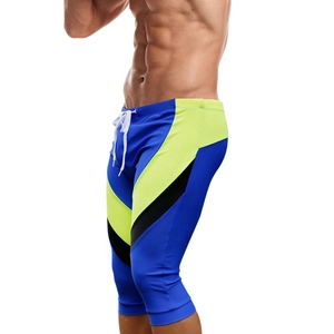 Men's professional quick-dry long swimming trunks with royal blue and green color block