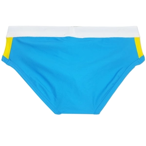 Close-up of color-block men swim briefs with blue white and yellow stretch fabric