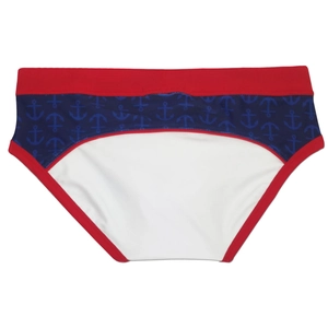 Detail of men's nautical swim briefs featuring anchor pattern and red-blue color block