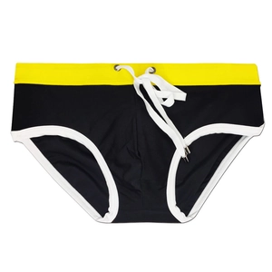Detail view of men's swim briefs featuring contrast waist with white drawstrings
