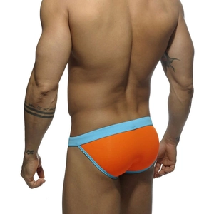 Rear view of orange men's high-cut swim briefs with light blue trim for athletic fit