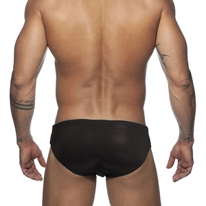 Rear view of black low-waist men's swim briefs showing elastic quick-dry fit and contour