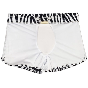 Detail of men's swim trunks with zebra print trim, drawstring waist and protective padding