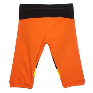 Men's athletic swim trunks featuring ergonomic fit with orange and black color-block design