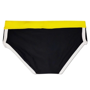 Close-up of men's quick-dry black swim briefs with yellow waistband and side stripes