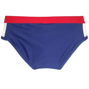 Detail of men's athletic swim briefs in red white and blue color block design