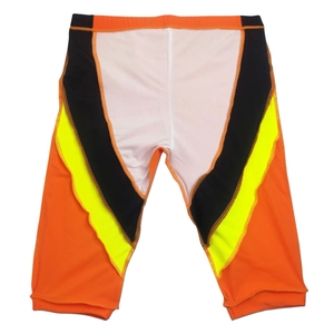 Detail of professional men's sports swim shorts with orange contrast and flatlock stitching