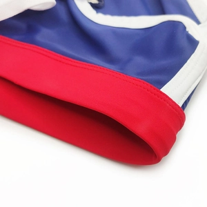 Detail of men's quick-dry swim briefs with blue and red contrast panels and reinforced stitching