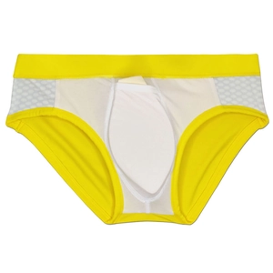Close-up of men's yellow swim briefs with breathable mesh panels and removable pad cup