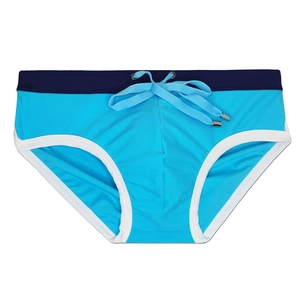 Sky blue men's swim briefs featuring a contrast navy waistband and adjustable drawstrings
