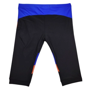 Close-up of black quick-dry swim pants featuring blue waist panels and orange side stripes