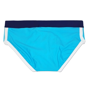 Detail of cyan men's swim briefs with navy contrast waistband and white piping edges