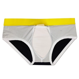 Detailed view of men's quick-dry swimwear with breathable grey mesh and white cup pad