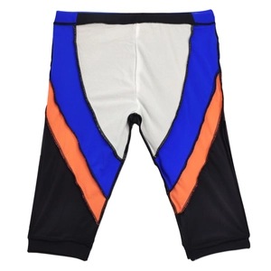 Detail view of quick-dry swim trunks featuring three-color contrast and flatlock stitching