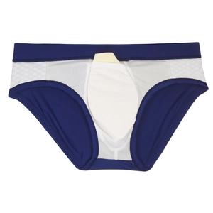 Detailed view of men's athletic briefs with breathable mesh and protective cup pocket
