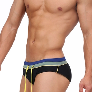 Men's low rise swim briefs with tricolor contrast waistband and yellow drawstring