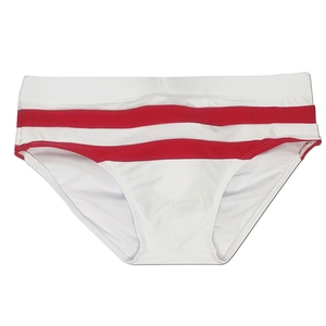 Détail du slip de bain rayé rouge et blanc pour homme avec large ceinture élastique