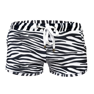 Men's zebra print swim trunks with elastic drawstring waist and quick-dry fabric