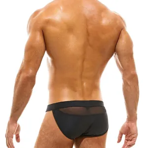 Men's low rise black swim briefs featuring sexy sheer mesh back and athletic fit