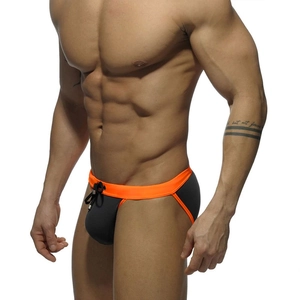 Men's low-waist contrast color swim briefs in dark grey and bright orange with drawstrings
