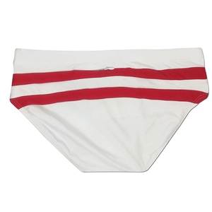 Détail du slip de bain homme blanc à rayures rouges avec une poche zippée fonctionnelle