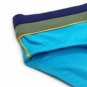 Macro shot of men's bikini swimwear showing elastic wide waistband and color stitching