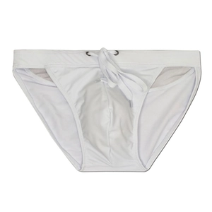Detail of white men's swim briefs featuring adjustable drawstring and mesh side panels