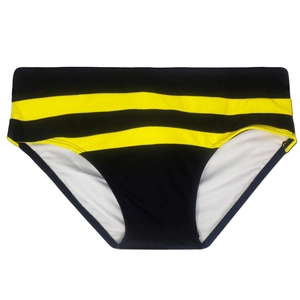 Détail du slip de bain noir pour homme avec ceinture rayée noire et jaune éclatante