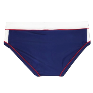 Flat lay of men's tricolor swimming briefs in navy, white and red sporty design