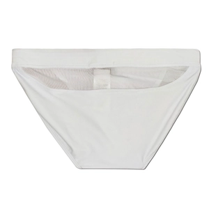 Flat lay view of white cotton bikini briefs featuring a wide elastic waistband and tags