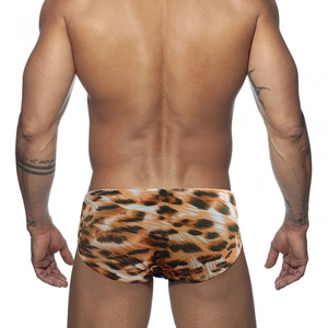 Men's tiger print quick-dry swim briefs with ergonomic pouch shown from the back