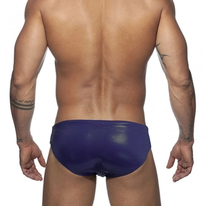 Rear view of men's low-waist sequined swim briefs in shiny dark blue metallic fabric
