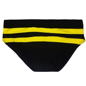 Détail du slip de bain noir pour homme avec bandes latérales jaunes vives parallèles