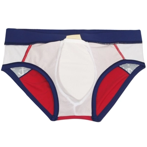 Detail view of men's nautical swim briefs with 3D pouch and anchor pattern lining