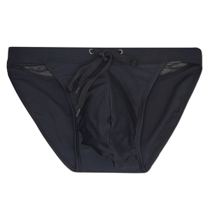 Detail view of black low-waist men's swim briefs with mesh sides and adjustable drawstring
