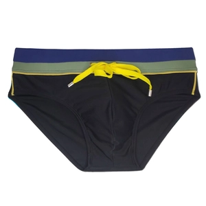Detail view of men's swim briefs featuring tricolor paneling and a yellow drawstring