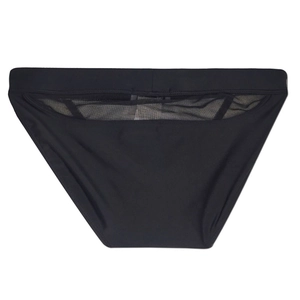 Detailed front view of black men's swim briefs featuring breathable mesh panel stitching