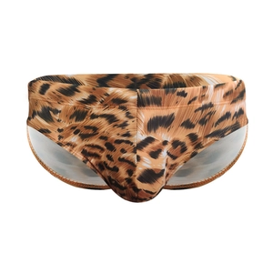 Men's sexy tiger print swim briefs with quick-dry fabric shown on a male torso model