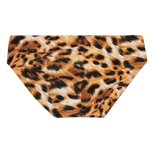 Detailed view of men's leopard print swim briefs with elastic waistband and snug fit design